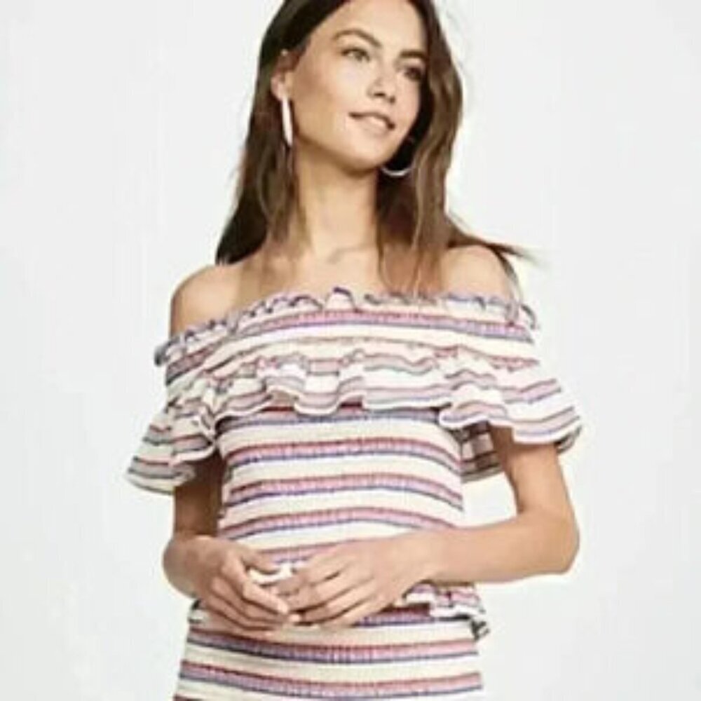 Parker Lizette Striped Off the Shoulder Ruffle Smocking Top Sz S